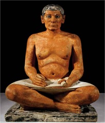 Seated Scribe
Egypt, Old Kingdom, 2650-2500 B.C.E.
Painted Limestone
Uncommon that such a large sculpture isnt of a pharaoh
Very naturalistic representation of pose and sagging chest unlike the very rigid stylized sculptures known of Egypt
Conventional image of scribe, attentive expression
Holds papyrus in his lab and formerly had a writing utencil Seated Scribe
Egypt, Old Kingdom, 2650-2500 B.C.E.
Painted Limestone
Uncommon that such a large sculpture isnt of a pharaoh
Very naturalistic representation of pose and sagging chest unlike the very rigid stylized sculptures known of Egypt
Conventional image of scribe, attentive expression
Holds papyrus in his lab and formerly had a writing utencil