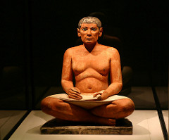 Seated Scribe
Saqqara, Egypt. Old Kingdom, Fourth Dynastic. c. 2620-2500 B.C.E. Painted limestone. the sculpture of the seated scribe is one of them most important examples of ancient Egyptian art because it was one of the rare examples of Egyptian naturalism, as most Egyptian art is highly idealized and very rigid. Seated Scribe
Saqqara, Egypt. Old Kingdom, Fourth Dynastic. c. 2620-2500 B.C.E. Painted limestone. the sculpture of the seated scribe is one of them most important examples of ancient Egyptian art because it was one of the rare examples of Egyptian naturalism, as most Egyptian art is highly idealized and very rigid.