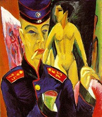 Self-Portrait as a Soldier
Ernst Ludwig Kirchner. 1915 C.E. Oil on canvas
Documents the artist's fear that the war would destroy his creative powers and in a broader sense symbolizes the reactions of the artists of his generation who suffered the kind of physical and mental damage Kirchner envisaged in this painting. Self-Portrait as a Soldier
Ernst Ludwig Kirchner. 1915 C.E. Oil on canvas
Documents the artist's fear that the war would destroy his creative powers and in a broader sense symbolizes the reactions of the artists of his generation who suffered the kind of physical and mental damage Kirchner envisaged in this painting.
