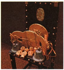 Sika dwa kofi (Golden Stool)
Ashanti peoples (south central Ghana). c. 1700 C.E. Gold over wood and cast-gold attachments
The Golden Stool has been such a part of their culture for so long, with so much mythology around it, that we can't be sure exactly when it was made. The color to represent royalty changes between times and cultures. Many of the brighter colors simply weren't available throughout Africa until Europe began to colonize Sika dwa kofi (Golden Stool)
Ashanti peoples (south central Ghana). c. 1700 C.E. Gold over wood and cast-gold attachments
The Golden Stool has been such a part of their culture for so long, with so much mythology around it, that we can't be sure exactly when it was made. The color to represent royalty changes between times and cultures. Many of the brighter colors simply weren't available throughout Africa until Europe began to colonize