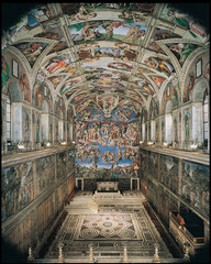 Sistine Chapel ceiling and altar wall frescoes
Vatican City, Italy. Michelangelo. Ceiling frescoes: c. 1508-1512 C.E.; altar frescoes: c. 1536-1541 C.E. Fresco
The paintings depict nine stories from the Christian Bible's Book of Genesis, including the most famous image, the Creation of Adam (right). Taken together, the paintings are considered one of the world's greatest art masterpieces. Their realistic and extremely detailed depictions of some of Judaism's and Christianity's most famous moments are a wonder to all who see them. Sistine Chapel ceiling and altar wall frescoes
Vatican City, Italy. Michelangelo. Ceiling frescoes: c. 1508-1512 C.E.; altar frescoes: c. 1536-1541 C.E. Fresco
The paintings depict nine stories from the Christian Bible's Book of Genesis, including the most famous image, the Creation of Adam (right). Taken together, the paintings are considered one of the world's greatest art masterpieces. Their realistic and extremely detailed depictions of some of Judaism's and Christianity's most famous moments are a wonder to all who see them.
