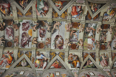 Sistine Chapel
Michelangelo, Vatican City, Italy, Ceiling frescoes 1508-1512, Altar frescoes, 1536-1541
Sistine chapel erected in 1472 painted by Botticelli, Perugino, Ghirlandaio, and Michelangelo
Used as the place where new popes were to be elected
Michelangelo chose complicated arrangements of figures for the ceiling that illustrated the first chapters of Genesis along with Old testament figures
300 figures on ceiling, all in different poses
Michelangelos obession with the male nude in motion is preeminent
Varying expressions amongst the figures
Painted cornices frame each group of figures is an organized manner
Many figues displayed such as Ignudi dont have a narrative purpose, but are placed to increase artistic expression
Acorns heavily present as they are a symbol on the crest of the buildings patron, Pope Julius II Sistine Chapel
Michelangelo, Vatican City, Italy, Ceiling frescoes 1508-1512, Altar frescoes, 1536-1541
Sistine chapel erected in 1472 painted by Botticelli, Perugino, Ghirlandaio, and Michelangelo
Used as the place where new popes were to be elected
Michelangelo chose complicated arrangements of figures for the ceiling that illustrated the first chapters of Genesis along with Old testament figures
300 figures on ceiling, all in different poses
Michelangelos obession with the male nude in motion is preeminent
Varying expressions amongst the figures
Painted cornices frame each group of figures is an organized manner
Many figues displayed such as Ignudi dont have a narrative purpose, but are placed to increase artistic expression
Acorns heavily present as they are a symbol on the crest of the buildings patron, Pope Julius II