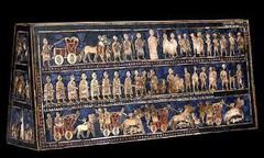 Standard of Ur from the Royal tombs at Ur. Sumerian. c. 2600- 2400 bce. wood inlaid with shell, lapis lazuli, and red limestone Standard of Ur from the Royal tombs at Ur. Sumerian. c. 2600- 2400 bce. wood inlaid with shell, lapis lazuli, and red limestone