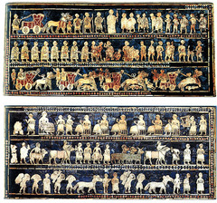 Standard of Ur from the royal tombs
Summerian. c. 26000-24000 B.C.E. Wood inlaid with shell, lapis, lazuli, and red limestone.
Found in one of the largest graves in the Royal Cemetery at Ur, lying in the corner of a chamber above a soldier who is believed to have carried it on a long pole as a standard, the royal emblem of a king. Standard of Ur from the royal tombs
Summerian. c. 26000-24000 B.C.E. Wood inlaid with shell, lapis, lazuli, and red limestone.
Found in one of the largest graves in the Royal Cemetery at Ur, lying in the corner of a chamber above a soldier who is believed to have carried it on a long pole as a standard, the royal emblem of a king.