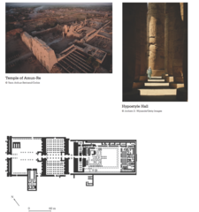 Temple of Amun Re
Near Luxor Egypt, New Kingdom 1550 C.E.
Sandstone Mud and Brick
Hypostyle Hall
1250 B.C.E.
Largest and most elaborately decorated structure in all Egypt
Large columns closely packed together admit light into the sanctuary
Columns elaborately painted and have varying artistic styles
Lintels connect each column
Tallest columns have papyrus capitals
Clerestory allows so light and air into the temple
Lower columns have bud capitals
Columns in sunken relief
One enters complex through massive gateway, then into peristyle courtyard, through hypostyle hall, and finally to a sanctuary where very few could go
Largest religious complex in the world
Hypostyle hall has 134 columns Temple of Amun Re
Near Luxor Egypt, New Kingdom 1550 C.E.
Sandstone Mud and Brick
Hypostyle Hall
1250 B.C.E.
Largest and most elaborately decorated structure in all Egypt
Large columns closely packed together admit light into the sanctuary
Columns elaborately painted and have varying artistic styles
Lintels connect each column
Tallest columns have papyrus capitals
Clerestory allows so light and air into the temple
Lower columns have bud capitals
Columns in sunken relief
One enters complex through massive gateway, then into peristyle courtyard, through hypostyle hall, and finally to a sanctuary where very few could go
Largest religious complex in the world
Hypostyle hall has 134 columns