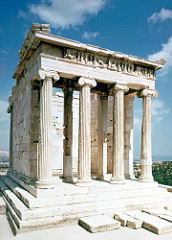 Temple of Athena Nike
Acropolis
Amphiprostyle, four columns in front and four on sides
Commemorates the win at the battle of Marathon where Nike announced the win
Ionic style with ionic columns and a frieze in the entablature Temple of Athena Nike
Acropolis
Amphiprostyle, four columns in front and four on sides
Commemorates the win at the battle of Marathon where Nike announced the win
Ionic style with ionic columns and a frieze in the entablature