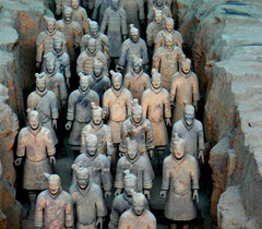 Terra cotta warriors from mausoleum of the first Qin emperor of China
Qin Dynasty. c. 221-209 B.C.E. Painted terra cotta
One of the most extraordinary features of the terracotta warriors is that each appears to have distinct features—an incredible feat of craftsmanship and production. Despite the custom construction of these figures, studies of their proportions reveal that their frames were created using an assembly production system that paved the way for advances in mass production and commerce. Terra cotta warriors from mausoleum of the first Qin emperor of China
Qin Dynasty. c. 221-209 B.C.E. Painted terra cotta
One of the most extraordinary features of the terracotta warriors is that each appears to have distinct features—an incredible feat of craftsmanship and production. Despite the custom construction of these figures, studies of their proportions reveal that their frames were created using an assembly production system that paved the way for advances in mass production and commerce.