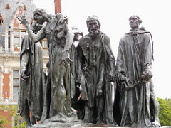 The Bughers of Calais
Auguste Rodin,1884/1885, Bronze
6 Burghers offer their lives to the English King in return for saving their city during the Hundred Years War, part of the siege of calais
English King insisted the burghers wear sackcloths and carry the key to the city
Drapery part of the ground showing that they are part of the city and will do anything to save it
Parallels between Paris besieged during the Franco-Prussian War 1870 and Calais besieged in 1347
Figures suffer from privation, weak and emaciated
Each figure has a different emotion, some fearful, resigned, or alone
Central figure is eustache de St. Pierre who has large swollen hands and a noose around his neck, ready for execution
Details reduced to emphasize the overall impression
Meant to be a ground level so people can look at it up close
Rejected by town coucil of Calais as being shameful, they wanted a single allegorical figure
Shows the 6 men in a new innovative way of showing defeat and sorrow
Shows heroes sacrificing life for their city as they did instead of showing triumphant glorified figures there commisioners wanted to see
At first at eye level amongst citizens so they would have the same morals, but put on pedestal by commisioners to be looked up upon The Bughers of Calais
Auguste Rodin,1884/1885, Bronze
6 Burghers offer their lives to the English King in return for saving their city during the Hundred Years War, part of the siege of calais
English King insisted the burghers wear sackcloths and carry the key to the city
Drapery part of the ground showing that they are part of the city and will do anything to save it
Parallels between Paris besieged during the Franco-Prussian War 1870 and Calais besieged in 1347
Figures suffer from privation, weak and emaciated
Each figure has a different emotion, some fearful, resigned, or alone
Central figure is eustache de St. Pierre who has large swollen hands and a noose around his neck, ready for execution
Details reduced to emphasize the overall impression
Meant to be a ground level so people can look at it up close
Rejected by town coucil of Calais as being shameful, they wanted a single allegorical figure
Shows the 6 men in a new innovative way of showing defeat and sorrow
Shows heroes sacrificing life for their city as they did instead of showing triumphant glorified figures there commisioners wanted to see
At first at eye level amongst citizens so they would have the same morals, but put on pedestal by commisioners to be looked up upon