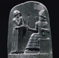 The code of Hammurabi
Babylon (modern Iran). Susain. c. 1792-1750 B.C.E. Basalt.
In this stone is carved with around 300 laws, the first know set of ruler enforced laws.
(Stone, carved, laws, inscriptions) The code of Hammurabi
Babylon (modern Iran). Susain. c. 1792-1750 B.C.E. Basalt.
In this stone is carved with around 300 laws, the first know set of ruler enforced laws.
(Stone, carved, laws, inscriptions)