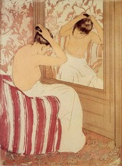 The Coiffure
Mary Cassatt. 1890-1891 C.E, Drypoint and aquatint
The straight lines of the mirror and wall and the chair's vertical stripes contrast with the graceful curves of the woman's body. The rose and peach color scheme enhances her sinuous beauty by highlighting her delicate skin tone. Cassatt also emphasizes the nape of the woman's neck, perhaps in reference to a traditional Japanese sign of beauty. The Coiffure
Mary Cassatt. 1890-1891 C.E, Drypoint and aquatint
The straight lines of the mirror and wall and the chair's vertical stripes contrast with the graceful curves of the woman's body. The rose and peach color scheme enhances her sinuous beauty by highlighting her delicate skin tone. Cassatt also emphasizes the nape of the woman's neck, perhaps in reference to a traditional Japanese sign of beauty.