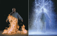 The Crossing
Bill Viola. 1996 C.E. Video/sound installation
To evoke the viewer's senses and create a feeling of spirituality. His work focuses and sensory perception and tries to take viewers on a trip to the spiritual realm. The videos are able to accomplish this through slow motion, contrasts in scale, shifts in focus, mirrored reflections, etc. The Crossing
Bill Viola. 1996 C.E. Video/sound installation
To evoke the viewer's senses and create a feeling of spirituality. His work focuses and sensory perception and tries to take viewers on a trip to the spiritual realm. The videos are able to accomplish this through slow motion, contrasts in scale, shifts in focus, mirrored reflections, etc.