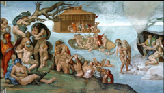 The Flood Sistine Chapel
Michelangelo, Vatican City, Italy, Ceiling frescoes 1508-1512, Altar frescoes, 1536-1541
Story details Noah and his family escape of the rising flood waters as told in Genesis 7
Few remaining survivors cling to mountain tops
Man carrying drowned son to safety will eventually drown too
Over 60 figures making for a crowded composition
Sculptural intensity of the figure style
Ark in background is the only true safe haven The Flood Sistine Chapel
Michelangelo, Vatican City, Italy, Ceiling frescoes 1508-1512, Altar frescoes, 1536-1541
Story details Noah and his family escape of the rising flood waters as told in Genesis 7
Few remaining survivors cling to mountain tops
Man carrying drowned son to safety will eventually drown too
Over 60 figures making for a crowded composition
Sculptural intensity of the figure style
Ark in background is the only true safe haven