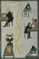 The Migration of the Negro, Panel no. 49
Jacob Lawrence. 1940-1941 C.E. Casein tempera on hardboard
Broad in scope and dramatic in exposition, this depiction of African-Americans moving North to find jobs, better housing, and freedom from oppression was a subject he associated with his parents, who had themselves migrated from South Carolina to Virginia, and finally, to New York. The Migration of the Negro, Panel no. 49
Jacob Lawrence. 1940-1941 C.E. Casein tempera on hardboard
Broad in scope and dramatic in exposition, this depiction of African-Americans moving North to find jobs, better housing, and freedom from oppression was a subject he associated with his parents, who had themselves migrated from South Carolina to Virginia, and finally, to New York.