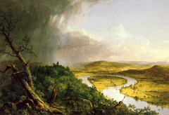 The Oxbow
Thomas Cole, 1836, Oil on canvas
Credited with the invention of the landscape painting in the U.S.
Founder of the Hudson River School
Shows an actual view of Massachusetts
Divides picture into two different contrasting landscapes, romantic on left, classical on right
Coles self portrait in forground amid a dense forest that is impenetrably thick with broken trees
Left landscape shows storms, element of the sublime
Right shows mans touch with cultivated fields and boats floating down the river
Painted as a reply to a British book claiming the Americans had destroyed the wilderness with industry
Painted for an exhibit and at the National Academy of Design
Manifest destiny as it Americans destiny to settle land
Transition from sublime to pastoral The Oxbow
Thomas Cole, 1836, Oil on canvas
Credited with the invention of the landscape painting in the U.S.
Founder of the Hudson River School
Shows an actual view of Massachusetts
Divides picture into two different contrasting landscapes, romantic on left, classical on right
Coles self portrait in forground amid a dense forest that is impenetrably thick with broken trees
Left landscape shows storms, element of the sublime
Right shows mans touch with cultivated fields and boats floating down the river
Painted as a reply to a British book claiming the Americans had destroyed the wilderness with industry
Painted for an exhibit and at the National Academy of Design
Manifest destiny as it Americans destiny to settle land
Transition from sublime to pastoral