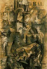 The Portuguese
Georges Braque, 1911, Oil on Canvas
Analytic cubism, style developed in combination with Picasso
Rejected naturalistic and conventional painting
Fractured forms, breaking down of objects into smaller forms
Clear edged surfaces sit on the picture plane, not recessed in space
Almost monochrome
Not a portrait of a portuguese but on exploration of shapes
Only realistic elements are the stenciled letter and numbers, suggest a dance hall poster behind the guitarist, a cafe atmosphere
*2-D figures from multiple perspectives to convey a sense of totality is a uniquely modern way
Simplified natural forms into geometric shapes* The Portuguese
Georges Braque, 1911, Oil on Canvas
Analytic cubism, style developed in combination with Picasso
Rejected naturalistic and conventional painting
Fractured forms, breaking down of objects into smaller forms
Clear edged surfaces sit on the picture plane, not recessed in space
Almost monochrome
Not a portrait of a portuguese but on exploration of shapes
Only realistic elements are the stenciled letter and numbers, suggest a dance hall poster behind the guitarist, a cafe atmosphere
*2-D figures from multiple perspectives to convey a sense of totality is a uniquely modern way
Simplified natural forms into geometric shapes*