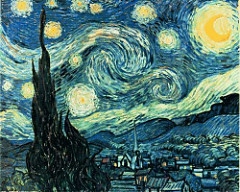 The Starry Night
Vincent van Gogh. 1889. Oil on canvas
It is this rich mixture of invention, remembrance, and observation combined with Van Gogh's use of simplified forms, thick impasto, and boldly contrasting colors that has made the work so compelling to subsequent generations of viewers as well as to other artists. Inspiring and encouraging others is precisely what Van Gogh sought to achieve with his night scenes. The painting became a foundational image for Expressionism as well as perhaps the most famous painting in Van Gogh's oeuvre. The Starry Night
Vincent van Gogh. 1889. Oil on canvas
It is this rich mixture of invention, remembrance, and observation combined with Van Gogh's use of simplified forms, thick impasto, and boldly contrasting colors that has made the work so compelling to subsequent generations of viewers as well as to other artists. Inspiring and encouraging others is precisely what Van Gogh sought to achieve with his night scenes. The painting became a foundational image for Expressionism as well as perhaps the most famous painting in Van Gogh's oeuvre.