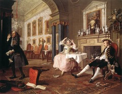 The Tête à Tête, from Marriage à la Mode
William Hogarth. c. 1743 C.E. Oil on canvas
First Western artist who worked in series, that is, a group of paintings with a common thread, a common theme. Now many contemporary artists work in series to explore different styles and approaches to their art, but this was not usual in the 18th century. The Tête à Tête, from Marriage à la Mode
William Hogarth. c. 1743 C.E. Oil on canvas
First Western artist who worked in series, that is, a group of paintings with a common thread, a common theme. Now many contemporary artists work in series to explore different styles and approaches to their art, but this was not usual in the 18th century.