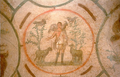 *Title:* Good Shepherd Medallion
*Artist:*
*Period/Style:* Late Antique / Early Christian
*Date:* 200-400 CE
*Patron:*
*Original Location:* Orant Fresco, Greek Chapel, Catacomb of Priscilla, Rome
*Material:* paint on volcanic rock
*Subject:* male sheep (rams) but no horns b/c baby rams and don't want to mistake them for goats (goats are bad)
*Technique and Description:*
-fresco
-medallion
-lunettes (surrounding medallion)
-funerary and didactic functions
*Context:*
-surrounded by lunettes
-According to St. Paul, God sacrificed Jesus to erase the original sin started with Adam and Eve's actions
-Early Christian art looks very Roman (evidence of syncretism/appropriation in art; also likely bc Jews didn't make art to mimic so turned to secular inspirations), was somewhat private (open to Christians but hidden b/c perfection), combination of naturalism and abstraction, had funerary and didactic functions
-start breaking 2nd Commandment b/c a lot of people illiterate
*Message/Meaning:*
-Jesus = *Title:* Good Shepherd Medallion
*Artist:*
*Period/Style:* Late Antique / Early Christian
*Date:* 200-400 CE
*Patron:*
*Original Location:* Orant Fresco, Greek Chapel, Catacomb of Priscilla, Rome
*Material:* paint on volcanic rock
*Subject:* male sheep (rams) but no horns b/c baby rams and don't want to mistake them for goats (goats are bad)
*Technique and Description:*
-fresco
-medallion
-lunettes (surrounding medallion)
-funerary and didactic functions
*Context:*
-surrounded by lunettes
-According to St. Paul, God sacrificed Jesus to erase the original sin started with Adam and Eve's actions
-Early Christian art looks very Roman (evidence of syncretism/appropriation in art; also likely bc Jews didn't make art to mimic so turned to secular inspirations), was somewhat private (open to Christians but hidden b/c perfection), combination of naturalism and abstraction, had funerary and didactic functions
-start breaking 2nd Commandment b/c a lot of people illiterate
*Message/Meaning:*
-Jesus =