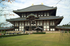 Todai-ji
Nara, Japan. Various artist, including sculptors Unkei and Keikei, as well as the Kei School. 743 C.E.; rebuilt c. 1700. Bronze and wood (sculpture); wood with ceramic-tile roofing (architecture)
Todaiji represented the culmination of imperial Buddhist architecture. Todaiji is famous for housing Japan's largest Buddha statue. It housed the largest wooden building the world has yet seen. Even the 2/3 scale reconstruction, finished in the 17th century, it remains the largest wooden building on earth today. Todai-ji
Nara, Japan. Various artist, including sculptors Unkei and Keikei, as well as the Kei School. 743 C.E.; rebuilt c. 1700. Bronze and wood (sculpture); wood with ceramic-tile roofing (architecture)
Todaiji represented the culmination of imperial Buddhist architecture. Todaiji is famous for housing Japan's largest Buddha statue. It housed the largest wooden building the world has yet seen. Even the 2/3 scale reconstruction, finished in the 17th century, it remains the largest wooden building on earth today.
