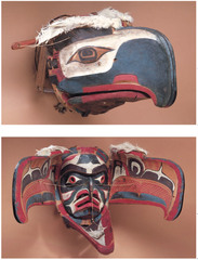 Transformation mask
Kwakwaka'wakw, Northwest coast of Canada. Late 19th century C.E. Wood, paint, and string
The masks, whether opened or closed, are bilaterally symmetrical. Typical of the formline style is the use of an undulating, calligraphic line. The ovoid shape, along with s- and u-forms, are common features of the formline style. Transformation mask
Kwakwaka'wakw, Northwest coast of Canada. Late 19th century C.E. Wood, paint, and string
The masks, whether opened or closed, are bilaterally symmetrical. Typical of the formline style is the use of an undulating, calligraphic line. The ovoid shape, along with s- and u-forms, are common features of the formline style.