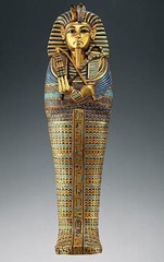 Tutankhamun's tomb, innermost cofffin. Ancient Mediterrean. New Kingdom, 18th dynasty. c. 1323. Gold inlay of enamel and semiprecious stones.
Form: carved in wood, covered in gold has lapis lazuli on it. 3 coffins: crafted in wood and covered in gold with semiprecious stones(lapis lazuli and turquoise). inner cofin made out of gold
Function: coffin of the king
Content: showed the high skill level of ancient egypt
Context: ruled after his father Akhenaten, follower of Amun, only 9 years when he became king, a royal burial ground located on the west bank of the ancient city of Thebes Tutankhamun's tomb, innermost cofffin. Ancient Mediterrean. New Kingdom, 18th dynasty. c. 1323. Gold inlay of enamel and semiprecious stones.
Form: carved in wood, covered in gold has lapis lazuli on it. 3 coffins: crafted in wood and covered in gold with semiprecious stones(lapis lazuli and turquoise). inner cofin made out of gold
Function: coffin of the king
Content: showed the high skill level of ancient egypt
Context: ruled after his father Akhenaten, follower of Amun, only 9 years when he became king, a royal burial ground located on the west bank of the ancient city of Thebes