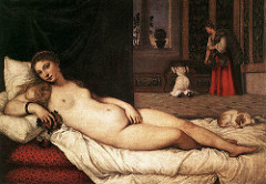 Venus of Urbino
Titan. c. 1538 C.E. Oil on canvas
Thanks to the wise use of color and its contrasts, as well as the subtle meanings and allusions, Titian achieves the goal of representing the perfect Renaissance woman who, just like Venus, becomes the symbol of love, beauty and fertility. Venus of Urbino
Titan. c. 1538 C.E. Oil on canvas
Thanks to the wise use of color and its contrasts, as well as the subtle meanings and allusions, Titian achieves the goal of representing the perfect Renaissance woman who, just like Venus, becomes the symbol of love, beauty and fertility.