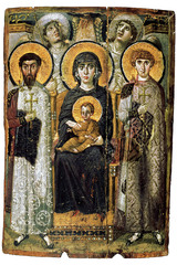Virgin(Theotokos) and Child between Saints Theodore and George. Early Byzantine. Sixth or early seventh century.
Form: encaustic wood, mosaic(gold,rich,blues), wax painting
Function: to show Virgin Mary as holy
Content: Virgin Mary, Theodore, George, hand of god
Context: Saint Catherine Virgin(Theotokos) and Child between Saints Theodore and George. Early Byzantine. Sixth or early seventh century.
Form: encaustic wood, mosaic(gold,rich,blues), wax painting
Function: to show Virgin Mary as holy
Content: Virgin Mary, Theodore, George, hand of god
Context: Saint Catherine