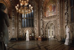 Westminster Central Lobby
Placed between the House of Commons and House of Lords
Meant to be a space where constituents can meet members of their parliament
Metal grills on doorways originally from House of Commons, marked the spot where women could be seated to watch Parliament, now symbols of the suffrage movement
Central octagonal spaces with statues of past Kings/Queens of England/Scotland
Four large mosaics over each doorway represent four saints of the different areas of the U.K.
St. George is England
St. Andrew is Scotland
St. David is Wales
St. Patrick is Ireland Westminster Central Lobby
Placed between the House of Commons and House of Lords
Meant to be a space where constituents can meet members of their parliament
Metal grills on doorways originally from House of Commons, marked the spot where women could be seated to watch Parliament, now symbols of the suffrage movement
Central octagonal spaces with statues of past Kings/Queens of England/Scotland
Four large mosaics over each doorway represent four saints of the different areas of the U.K.
St. George is England
St. Andrew is Scotland
St. David is Wales
St. Patrick is Ireland