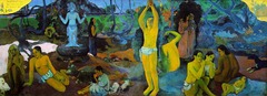 Where do we come from? What are we? Where are we going?
Paul Gauguin, 1897/1898, Oil on Canvas
Painted during his stay in Tahiti
Suffered from poor health/poverty, obessesed with thought of death
Learned of the death of his daughter, deeply shaken, determined to commit suicide and have this painting be his last will and testament
story of life read from right to left
Right: birth, infant three adults
Center: mid-life, picking of fruits of the world
Left: death (figure derived from a peruvian mummy on exhibit in paris)
Figures in foreground represent Tahiti and Eden-like paradise, background figures anguished and dark
Blue idol represents the beyond/heaven
Most of the scene is flat unmodulated areas of color that conveys a sense of lushness and intensity
Rejection of classical influence
Non tradititional influences like, Egyptian figures, Japanese prints in solids fields of color with unusual angels
Tahitian imagery in polynesian idol
Gauguin thought of painting as a summation of his artistic/personal expression Where do we come from? What are we? Where are we going?
Paul Gauguin, 1897/1898, Oil on Canvas
Painted during his stay in Tahiti
Suffered from poor health/poverty, obessesed with thought of death
Learned of the death of his daughter, deeply shaken, determined to commit suicide and have this painting be his last will and testament
story of life read from right to left
Right: birth, infant three adults
Center: mid-life, picking of fruits of the world
Left: death (figure derived from a peruvian mummy on exhibit in paris)
Figures in foreground represent Tahiti and Eden-like paradise, background figures anguished and dark
Blue idol represents the beyond/heaven
Most of the scene is flat unmodulated areas of color that conveys a sense of lushness and intensity
Rejection of classical influence
Non tradititional influences like, Egyptian figures, Japanese prints in solids fields of color with unusual angels
Tahitian imagery in polynesian idol
Gauguin thought of painting as a summation of his artistic/personal expression
