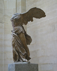 Winged Victory of Samothrace
Hellenistic Greek. c. 190 B.C.E. Marble
The theatrical stance, vigorous movement, and billowing drapery of this Hellenistic sculpture are combined with references to the Classical period-prefiguring the baroque aestheticism of the Pergamene sculptors. Winged Victory of Samothrace
Hellenistic Greek. c. 190 B.C.E. Marble
The theatrical stance, vigorous movement, and billowing drapery of this Hellenistic sculpture are combined with references to the Classical period-prefiguring the baroque aestheticism of the Pergamene sculptors.