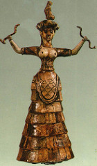 Woman or Goddess with Snakes, from the palace complex at Knossos, c. 1600 BCE, faïence (Minoan Art) Woman or Goddess with Snakes, from the palace complex at Knossos, c. 1600 BCE, faïence (Minoan Art)